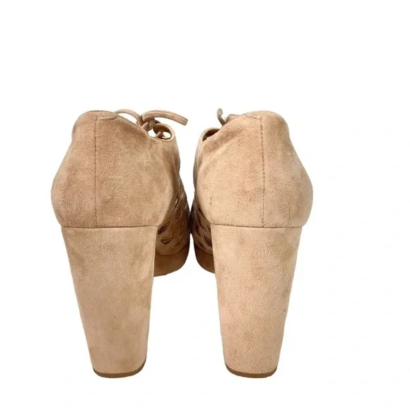 SEE by CHLOE caged lattice lace up open toe platform suede block heels - Picture 4 of 9